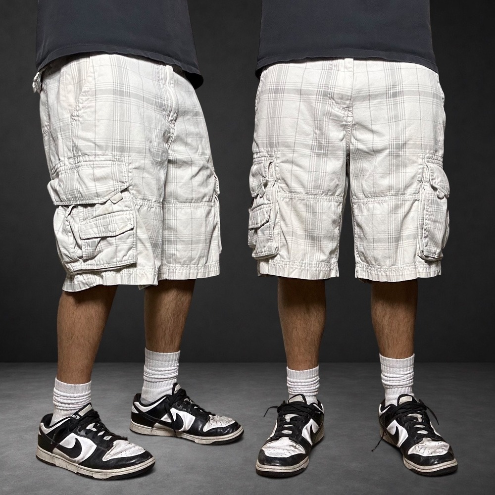 American Rag Plaid Cargo Shorts Tan Cream Skater Baggy Y2K Size 34